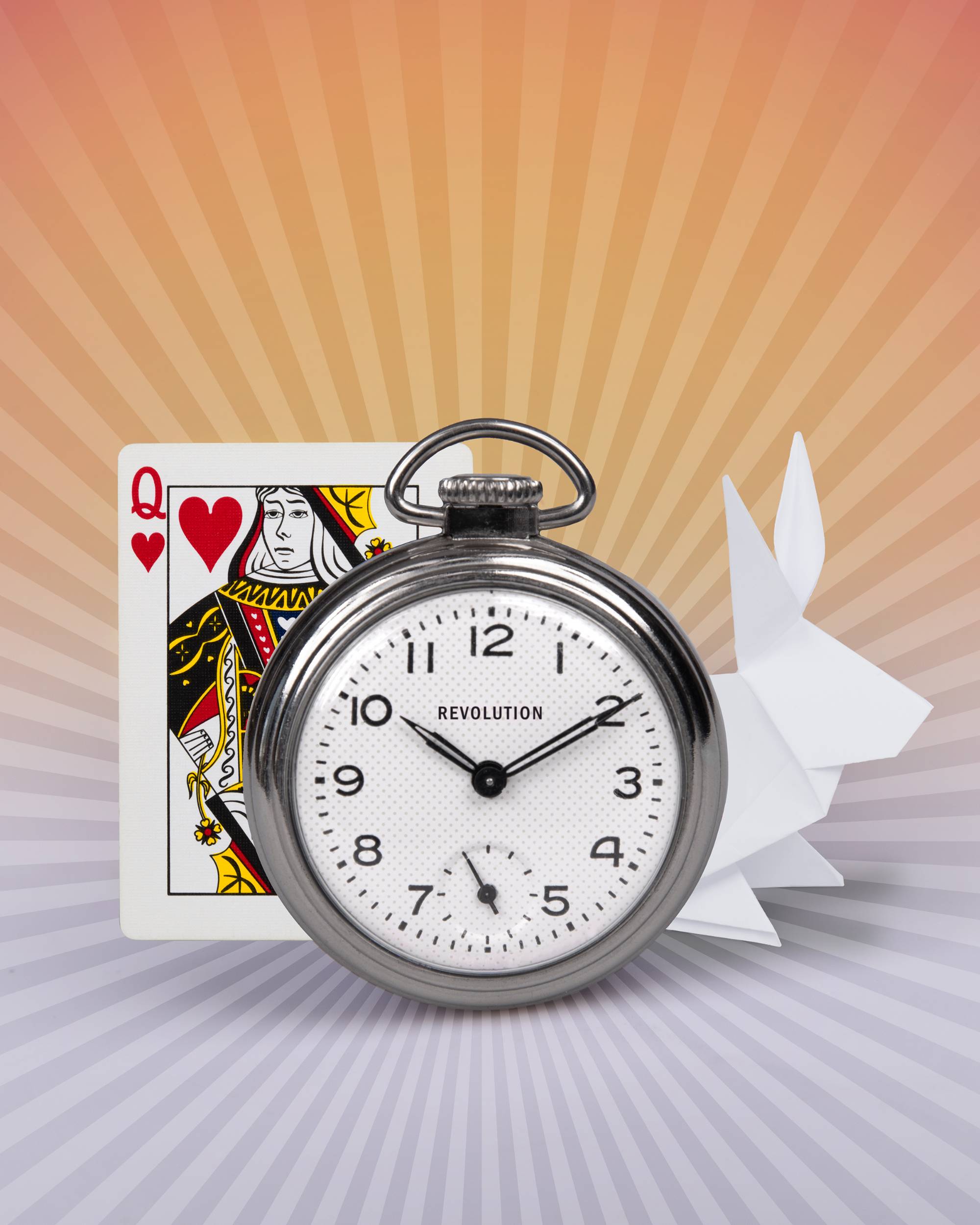 photo collage of pocketwatch with origami rabbit and queen of hearts playing card behind it
